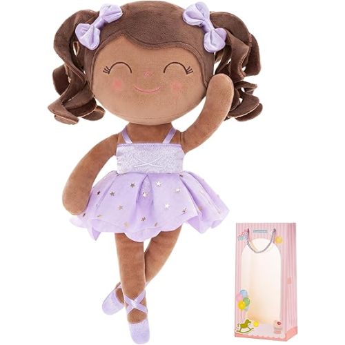 Gloveleya Baby Dolls Soft Snuggly Curly Hair Ballerina Doll First Baby Girl Gifts Plush Tanned Ballet Doll with Lace Mesh Dress Purple Ballerina Series