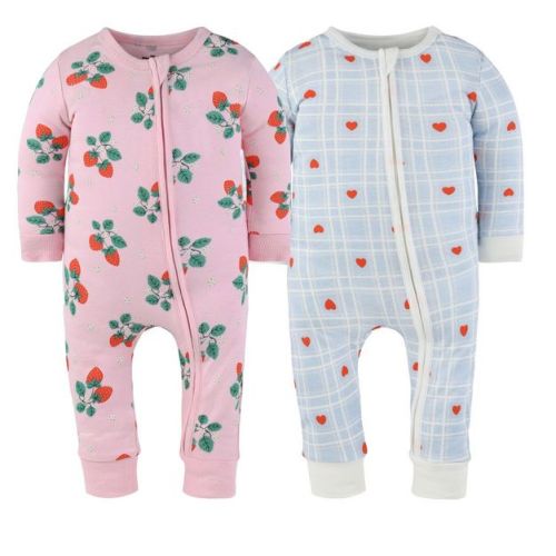 The Peanutshell Strawberry Sweet Treats Cotton Footless Pajamas for Girls, 3-6 Months, 2 Pack