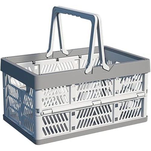 20L Plastic Collapsible Storage Crate - Foldable Handle Crate Storage Basket Bin - White & Gray M