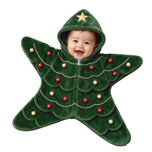 GiLiling Baby Christmas Tree Starfish Hooded Onesie for Boys Girls, Fleece Jumpsuit, Infant Outfit Newborn Xmas Photo Prop Sleep Sack