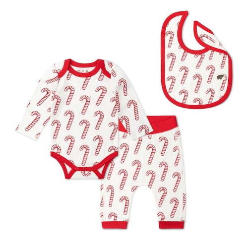 M+A by Monica + Andy Christmas Organic Cotton Gender Neutral First Moves Bodysuit + Groove Pant + Bib Set, Sizes Newborn -24 Months