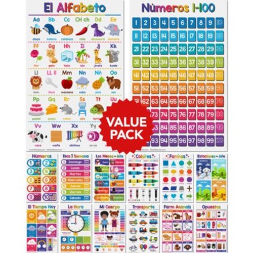 Spanish Educational Posters for Kids – Bundle of 14 Bilingual Classroom and Homeschool Learning Chart Decorations and School Materials, Preschool to Grade 3 | Durable, Glossy Cardstock | 11" x 17"
