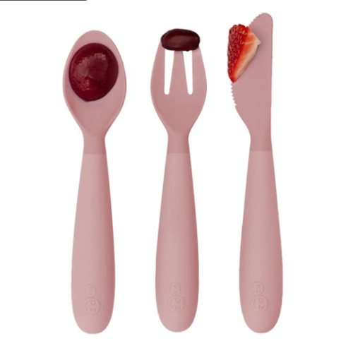 ezpz Happy Utensils (Blush) - 24 Months+ - BPA Free Toddler Utensils - Fork, Spoon and Knife for Toddlers and Preschoolers - Kids for Self-Feeding Development