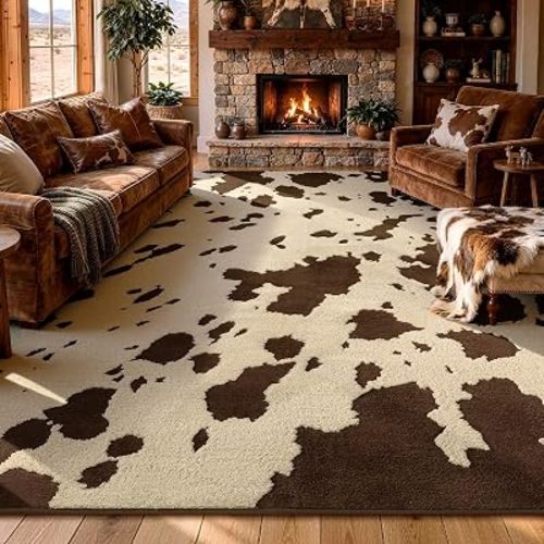 YIHOUSE Cowhide Large Area Rugs 8×10 Ft, Washable Plush Soft Brown and Cream Cow Rug, Non-Slip High-Low Pile Animal Carpet for Living Room, Bedroom, Dining Room, Western Home Decor