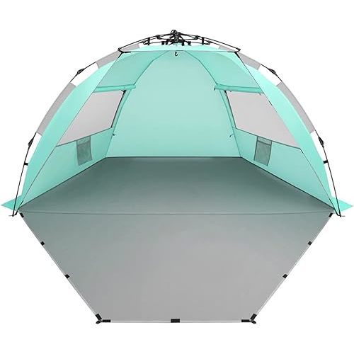 Oileus X-Large 4 Person Beach Tent Sun Shelter - Portable Sun Shade Instant Tent for Beach with Carrying Bag, Stakes, 6 Sand Pockets, Anti UV for Fishing Hiking Camping, Waterproof, Light Green