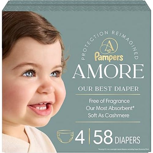 Pampers Amore, Size 4 (15-34 lbs), 58 Count, Our Best Diaper – Hypoallergenic & Fragrance Free, Up to 100% Leakproof, Soft as Cashmere