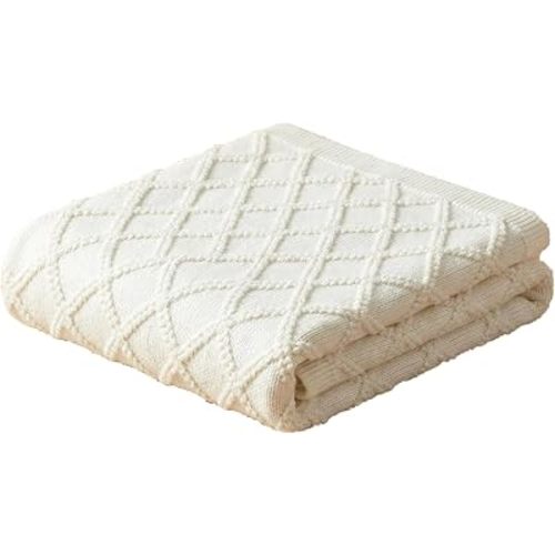 Knit Baby Lightweight Summer Throw Blanket Cable Soft Swaddle for Infant Boys Girls 32x35inch-Argyle White