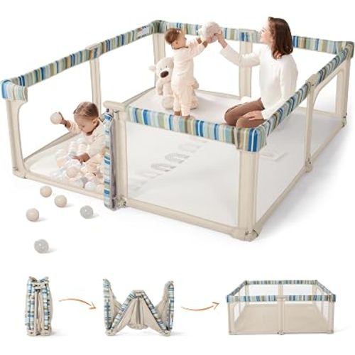 Sweeby Baby Playpen, 79x71 Inch Baby Gate Playpens for Babies and Toddlers, Extra Large Playpen with Door Play Yard for Fence Indoor and Outdoor Play Pen, Khaki Stripe