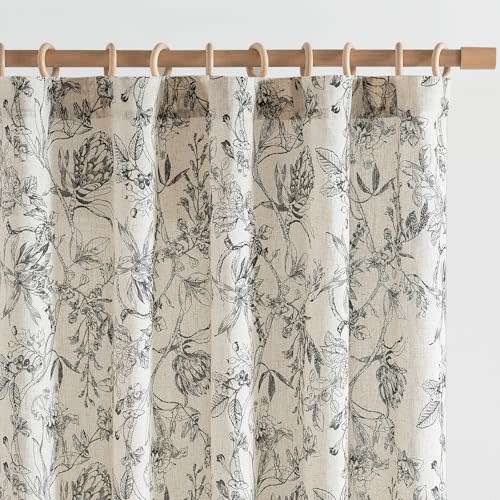 jinchan Floral Curtains 84 Inches Long Black Flower Linen Farmhouse Curtain for Living Room French Country Vintage Curtain Rod Pocket Curtains Set 2 Panels Balck Floral Printed