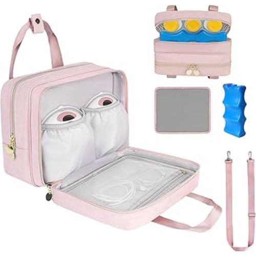 Wearable Breast Pump Bag with Cooler Compartment Compatible with Momcozy M5/S12 Pro, Elvie & Medela Pump in Style, Carrying Case with a Ice Pack & Waterproof Mat for Breast Pump and Accessories,Pink