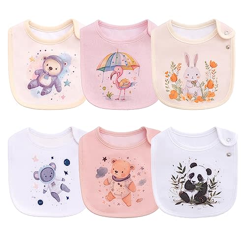 Maiwa 6 Pack Waterproof Cotton Baby Bibs for Girls Boys for Drooling Eating with Snaps