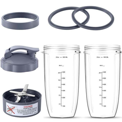 7 Pieces Blender Cups & Blade Compatible with NutriBullet 600w/900w Blender, 32oz Huge Cup with 1 Flip-Top To-Go Lid and 1 Lid Ring & Premium Extractor Blade