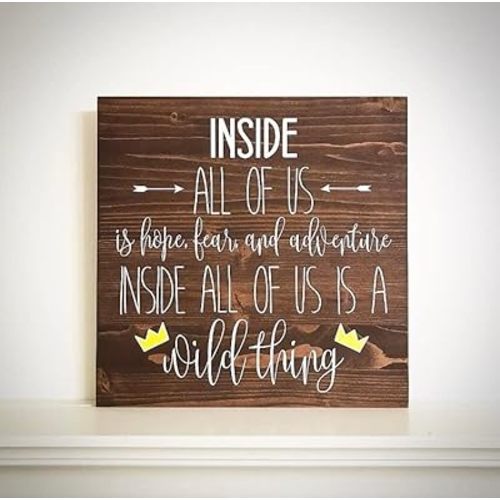 Wood Where The Wild Things are Sign - Inside All of Us is Hope Fear Adventure - Wild Things Book 8x8 Inch, Rustic Wooden Sign, Farmhouse Decor, Home Art Wall Decor Plaque