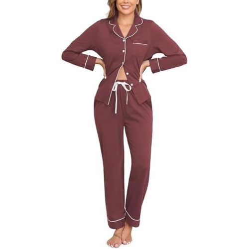 Veseacky 100% Cotton Women's Pajama Set Long Sleeve Button Down Sleepwear Soft Pjs Lounge Sets Nightwear Pjs XS-XXL