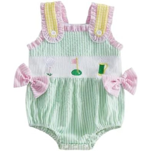 Newborn Baby Girl Golf Outfit Golf Embroidery Sleeveless Smocked Bubble Romper Striped Bodysuit Infant Summer Clothes