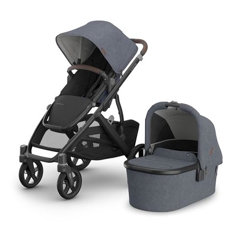 UPPAbaby Vista V3 Stroller + Bassinet V3 - Convertible Single-to-Double Stroller System- Bassinet, Toddler Seat, Bug Shield, Rain Shield Included -Julian-Dusty Blue Mélange | Carbon Frame