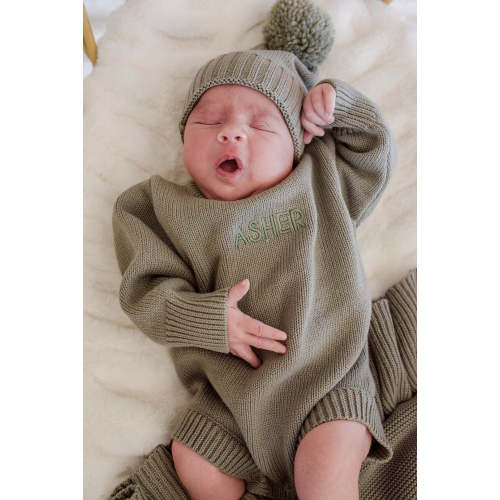 Embroidered Knit Sweater Bubble Romper in Smoke | Caden Lane
