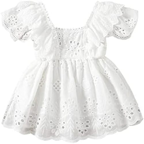 Newborn Infant Girls Short Sleeve Lace Dress - Solid Color Hollow Out Ruffles Decor Sweet Casual White