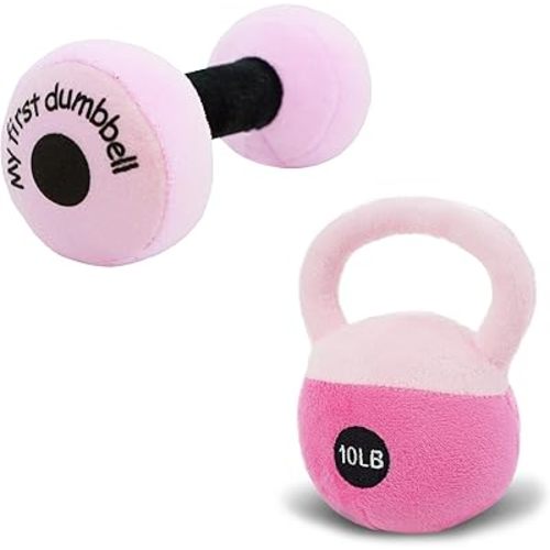 June Garden 2-Piece My First Plush Set – Pink Plush Dumbbell & Kettlebell Soft Baby Workout Toys