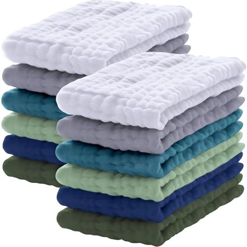 12 Pack Muslin Burp Cloths 100% Cotton Muslin Cloths Large 20''x10'' Extra Soft and Absorbent Baby Burping Cloth - Sage, Teal and Blue