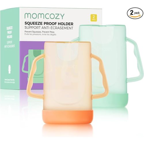 Momcozy Baby Pouch Holder No Squeeze for Food Pouches and Drink Boxes, Allows Baby to Self-feed and Avoid Messes, Baby Food Pouch Holder Handle is Easy to Grip, Comfortable, Green&Orange