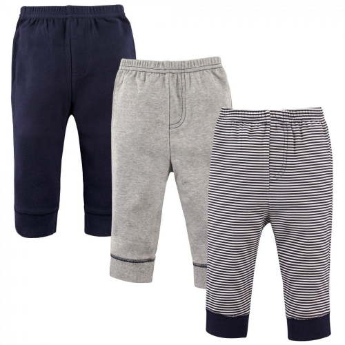 Luvable Friends Baby and Toddler Boy Cotton Pants 3pk, Stripe Navy Gray, 6-9 Months