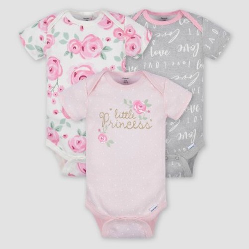 Gerber Baby Girls' 3pk Floral Short Sleeve Onesies - White/Gray/Light Pink Newborn