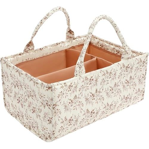 Floral Diaper Caddy Organizer, Nursery Storage Basket with Handles and Removable Dividers, Portable Baby Storage Bin and Car Organizer for Wipes, Baby Shower Gifts and Registry Newborn Essentials