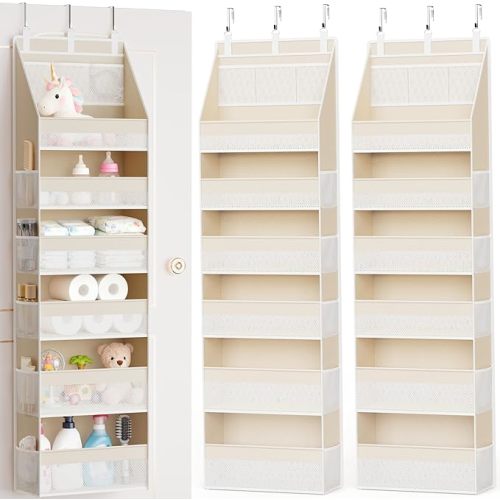 Criusia 2 Pack Over the Door Organizer, 6-Shelf Closet Hanging Storage with 13 Mesh Pockets, 55lbs Capacity Behind the Door Storage for Baby Nursery, Bathroom, Bedroom, and Dorm, Beige