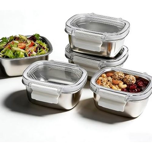 5 Pack Food-Grade 304 Stainless Steel Reusable Snack Containers with Lids - 8.45 oz Small Metal Meal Prep Boxes, Shatterproof Leakproof Freezer Safe for Portioning Snacks & Dips