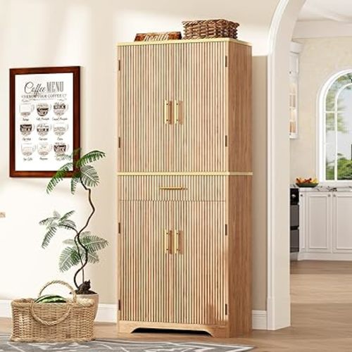 Fluted Pantry Cabinet, 71" Tall Modern Storage Cabinet with 4 Doors, Organizer, Drawer and 8 Door Shelves, Wood Cupboard for Kitchen, Dining Room, Living Room and Bathroom, Natural Oak