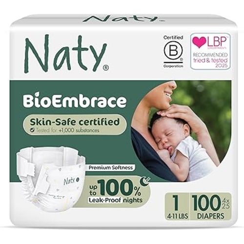 Naty BioEmbrace Baby Newborn Diapers | Sensitive Skin Safe Certified | Leak Protection up to 100% | Plant-Based Teddy Softness, Premium Comfort | Chlorine-Free | Size 1 (4–11 lbs), 100 Count