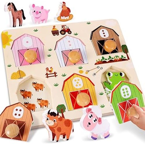 Wooden Puzzles for Toddlers 1-3, Farm Animals Jumbo Knob Safety Chunky Baby Peg Puzzles, Montessori Toys for 1+ Year Old, Number and Color Match, Preschool Learning, Boy Girl Birthday Gifts