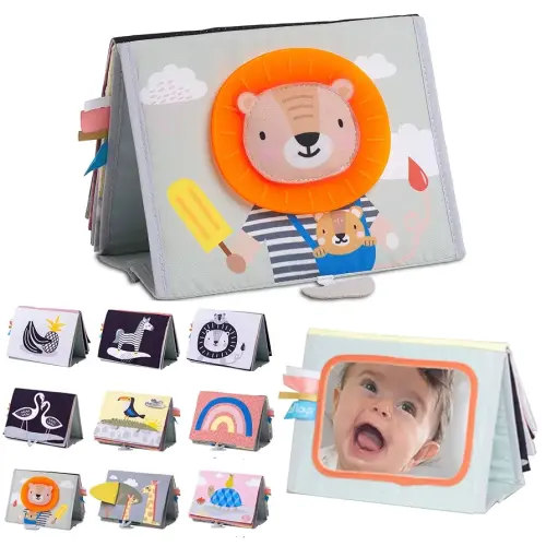 Taf Toys Savannah Infant Tummy-time Soft Crinkle Activity Book with Huge Baby Safe Mirror, 3D Activities, Textures and a Soft Baby Teether