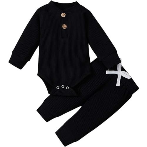 Winter Newborn Baby Boy Girl Clothes Set Ribbed Outfits Unisex Infant Solid Long Sleeve Tops Pants 2PCS