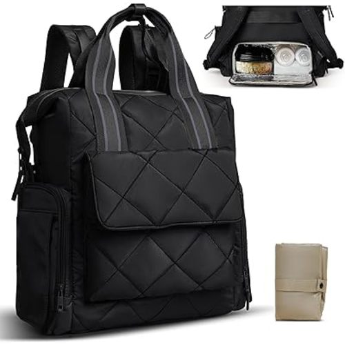 Omanmoli Diaper Bag Backpack Quilted Baby Diaper Bag Lunch Backpack Pañaleras Para Bebe for Working Moms with 11 Pouches,Large Insulated Cooler Compartment,Stroller Straps,Changing Pad,Black