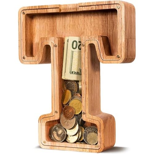 ELX Wooden Piggy Bank for Kids Boys, Personalized Letter Money Bank, Safe & Durable Savings Box for Toddlers Girls, Gifts for Birthday Holiday Christmas