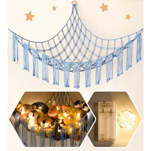 Stuffed Animal Hammock Corner Storage with LED Light - Bluey Room Decor for Girls - Teddy Bear Stuffy Hammock - Cute Blue Things for Bedroom - Wall Ceiling Hanging Decor