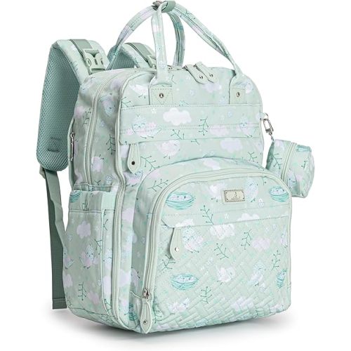 BabbleRoo Diaper Bag Backpack - Baby Essentials Travel Tote - Multi Function Water Resistant Diaper Bag, Travel Essentials Baby Bag with Changing Pad, Stroller Straps & Pacifier Case - Green Birdy