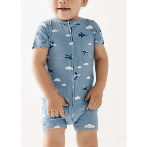 Take Flight Blue Small Ribbed Summer Zip Romper