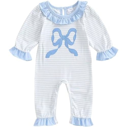 Seyurigaoka Newborn Baby Girl Fall Clothes Bow Striped Smocked Romper Long Sleeve Ruffle One Piece Going Home Outfits (Blue, 3-6 Months)