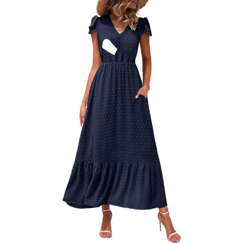 Women Nursing Boho Maxi Dresses Cap Short Sleeve V Neck Swiss Dot High Waisted A-Line Ruffle Tiered with Pockets L