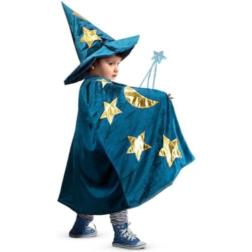Kids Wizard Witch Cloak With Hat And Wand, Halloween Boys and Girls Cape Costume Props for Cosplay Party Fancy Dress