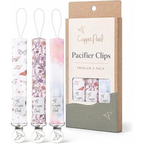 Copper Pearl 3-Pack Pacifier Holders: Premium Knit Binky Clips for Baby Girls and Boys - Stylish Stainless Steel Design for Secure No-Drop Attachment - Flora