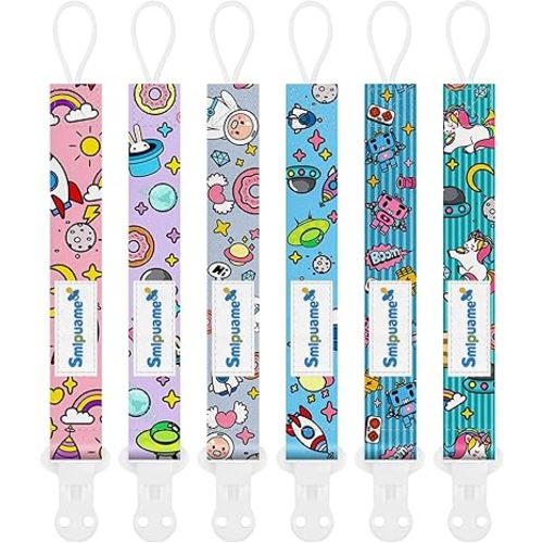 Smlpuame Pacifier Clip Girl,6 Pack Stylish Binky Clips Strap for Baby Girls,Paci Holder with Clip Lightweight Universal Fits Most Pacifiers Teether Toy Teething Ring Soothie,Baby Gift(Travel in Space)
