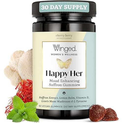 Winged Wellness Happy Her Mood Gummies - Daily Mood Enhancer Support Supplement for Women - Vitamin D with Saffron, Lemon Balm, & Lions Mane Mushrooms for Balance & Calming Relief - 50 Vegan Gummies