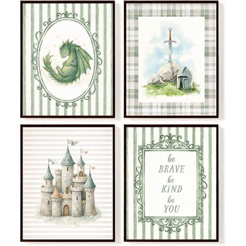 SkyCozy Boys Room Decor, Dragon Nursery Wall Art Posters Set of 4, Be Brave Be Kind Be You Knight Castle Prints, Vintage Green Fantasy Wall Decor for Baby Boy Nursery Kids Room Playroom,8x10 Unframed