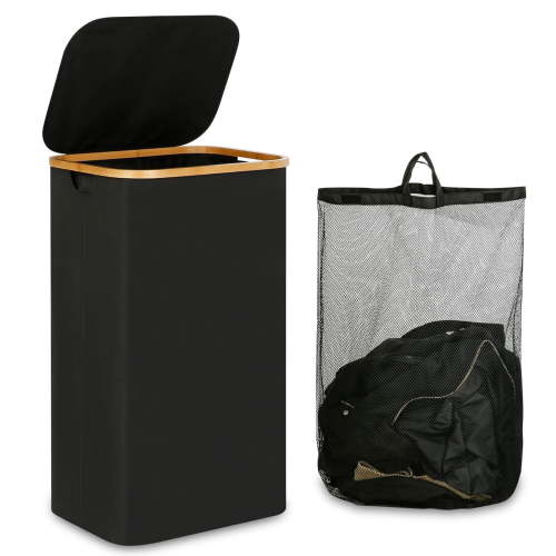 Kisportee Laundry Hamper with Lid, 100L Large Laundry Basket with Bamboo Handles, Collapsible Clothes Basket Organizer with Inner Bag for Laundry Room, Bathroom, Black