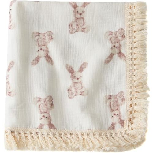 Little Jump Cotton Muslin Swaddle Blankets with Tassel, Boho Bohimia Muslin Baby Blanket Neutral with Fringe, Vintage Teddy Bear Nursery Decor Muslin Throw Blanket 47" x40" (Bunny)