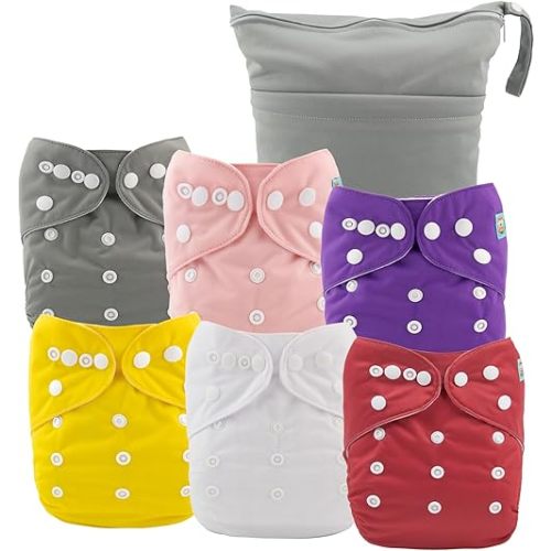 ALVABABY 6pcs Cloth Diaper Covers &1 Wet Dry Bag, Washable Reusable Cloth Nappy Shell for Prefold with Multi-Functional Bag, Flat or Fitted Diaper Inserts 6NKZ01